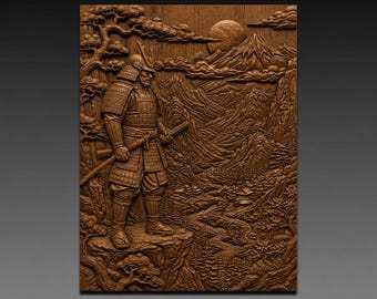 Japanese Samurai in River Valley 3D Relief STL File for CNC Wood Carving