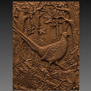 May include: A rectangular brown wooden wall plaque featuring a detailed relief carving of a pheasant walking through a forest. The scene includes intricate depictions of oak leaves, acorns, ferns, and tree trunks surrounding the bird.