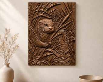 Peeping Otter among River Reeds 3D Relief STL File for CNC Wood Carving