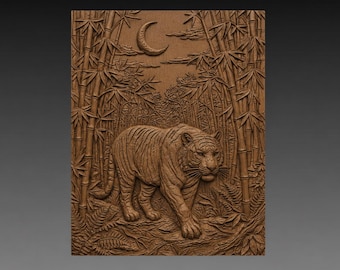 Asian Tiger Moonlit Forest 3D Relief STL, Big Cat Wildlife CNC Carving Digital Download