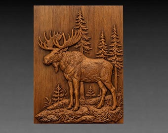 Majestic Moose Pine Forest 3D Relief STL File, Woodland Wildlife CNC Carving Model