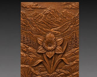 Daffodils with Mountain Landscape 3D Relief STL File for CNC Wood Carving
