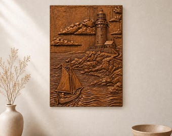 Sailboat with Cliffside Lighthouse 3D Relief STL File for CNC Wood Carving