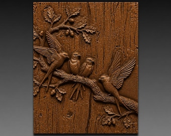 Swallows on Oak Branch 3D Relief STL File for CNC Wood Carving