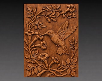 Kolibriebloemen 3D-reliëf STL-bestand, bloemenvogel CNC-snijmodel (digitale download)
