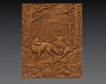 Fox Family Woodland Relief STL File, CNC Carving Model, Rustic Wall Art (Digital Download)
