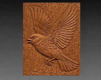飛んでいるスズメの3DレリーフSTLファイル、ミニマルな鳥のCNC彫刻（デジタルダウンロード）