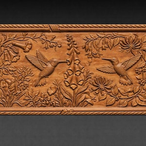 May include: A rectangular, wooden relief carving featuring two hummingbirds amidst floral and botanical elements. The birds are depicted in mid-flight, with detailed wing and feather carvings. The frame has a rope-like border.