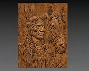 Native American Horse 3D Relief STL File, Western Warrior Portrait CNC Carving Model (Digital Download)