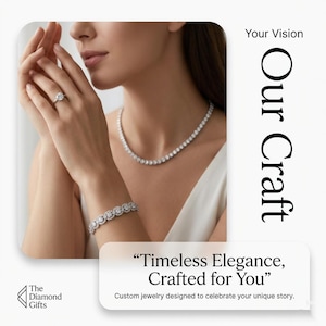 May include: A silver-toned ring with a central stone, a silver-toned tennis necklace with round stones, and a silver-toned bracelet with circular stone settings. The text reads: Your Vision Our Craft, Timeless Elegance, Crafted for You, The Diamond Gifts.