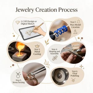 May include: An infographic titled Jewelry Creation Process showing six steps: 1: CAD Design or Digital Sketch, 2: Wax Model Creation, 3: Metal Casting with molten gold, 4: Shaping and Assembly, 5: Stone Setting, and 6: Final Polishing with a buffing wheel.