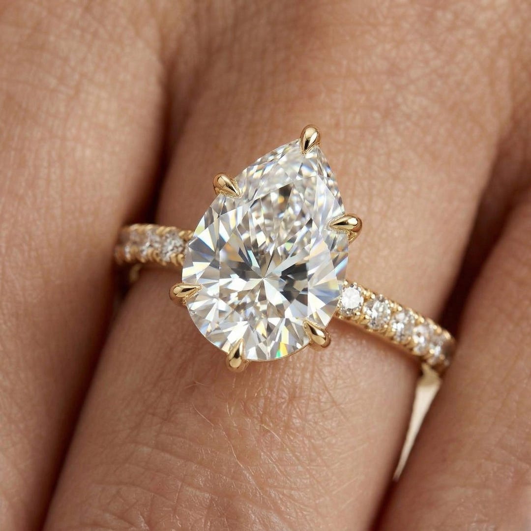 Pear Cut Lab Diamond Engagement Ring, 14K Gold Wedding Ring, CVD ...