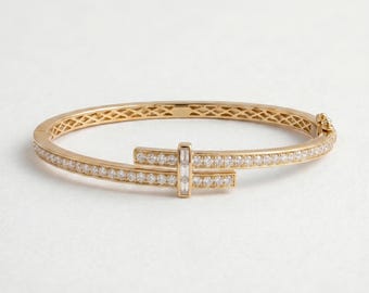 Round & Emerald Diamond T-Bar Bangle Bracelet, 14K Gold Bangle For Birthday Gifts, Lab Diamond Bracelet For Wedding Gifts, Fine Jewelry
