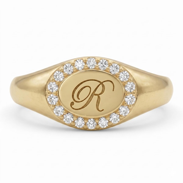 Ronde geslepen in het lab gekweekte diamanten eerste zegelring, 14k massief gouden pinky zegelring, gegraveerde letter eerste ring, naambriefring voor vrouwen