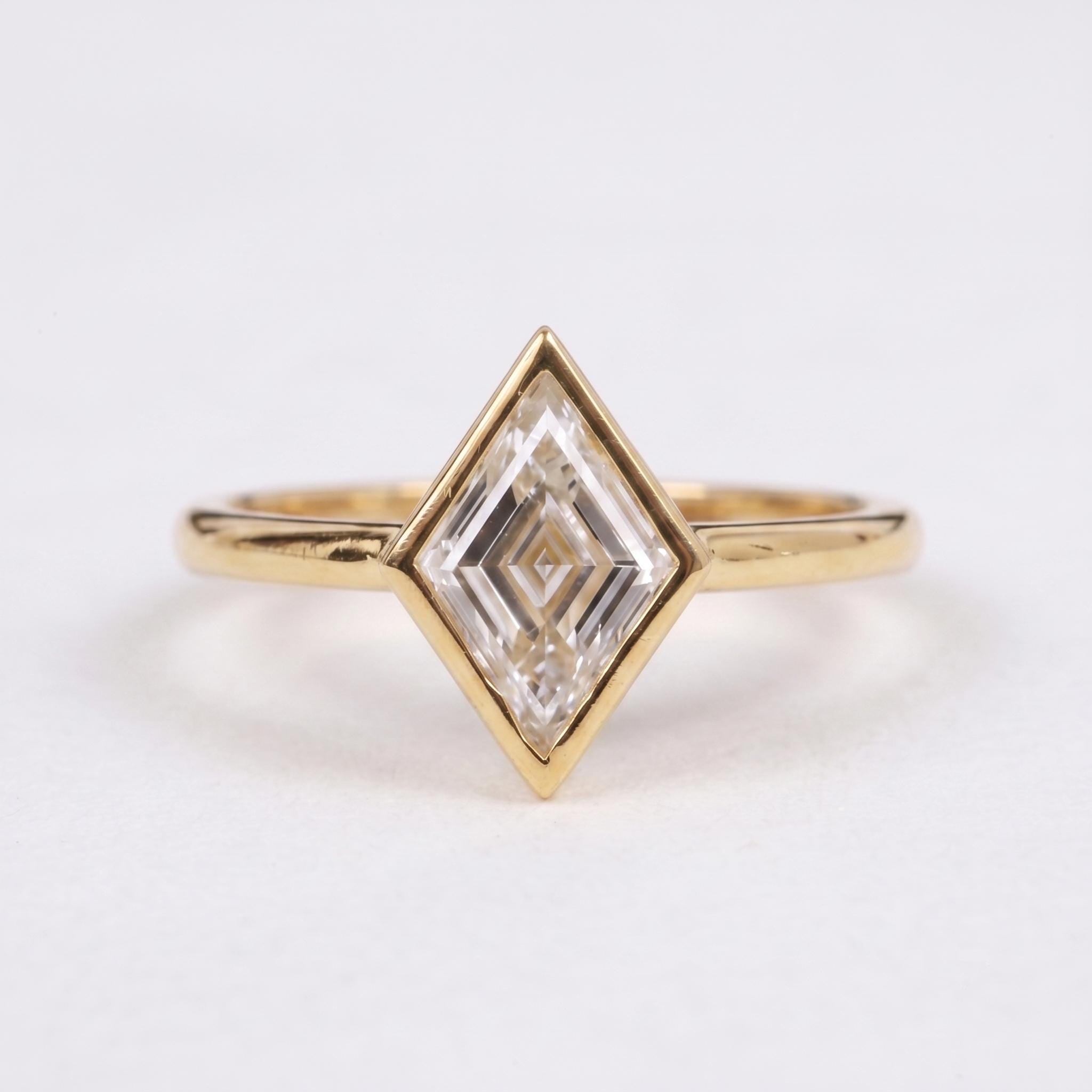 Lozenge Cut Lab Grown Diamond Bezel Set Engagement Ring, 14K Gold Lozenge Diamond Solitaire Ring For Gift, Lab Diamond Ring For Wedding Gift