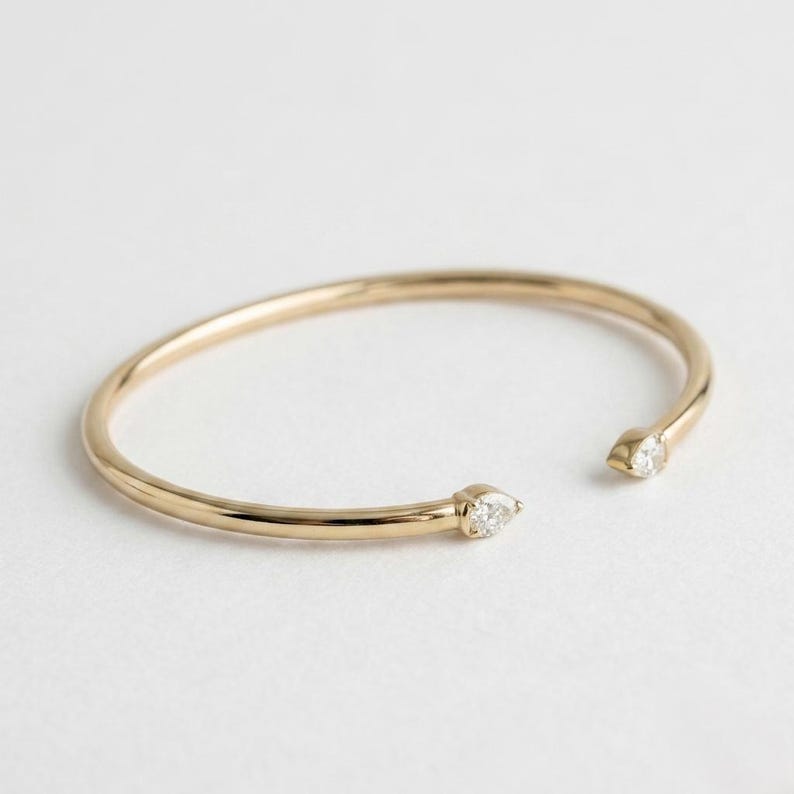 Lab-Grown Pear Diamond Open Cuff Bangle Bracelet, 14K Gold Bangle Bracelet for Women, Pear-Cut Bracelet, Lab Diamond Bracelet For Gifts