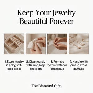 May include: An instructional graphic titled Keep Your Jewelry Beautiful Forever by The Diamond Gifts. It features four panels showing jewelry storage, cleaning with a cloth, rinsing, and delicate handling, with text instructions for each step.