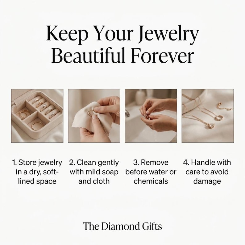 May include: An instructional graphic titled Keep Your Jewelry Beautiful Forever by The Diamond Gifts. It features four panels showing jewelry storage, cleaning with a cloth, rinsing, and delicate handling, with text instructions for each step.
