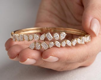 Lab-Grown Diamond Open Cuff Bangle Bracelet, 14k Gold Bangle Bracelet For Wedding Gifts, Lab Diamond Bracelet, Dainty Bracelet For Women