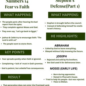 May include: A graphic with text about Numbers 14 and Acts 7:1-29. The text is in a dark green font on a white background. The graphic includes key points, what happens, and results from the biblical texts.