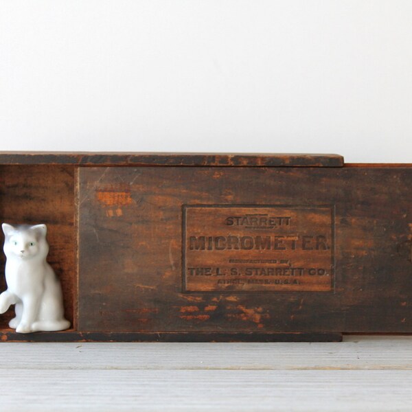 Vintage storage box / rustic wood / man cave / industrial / den decor / patina / brown / upcycled wood box / Micrometer / masculine decor