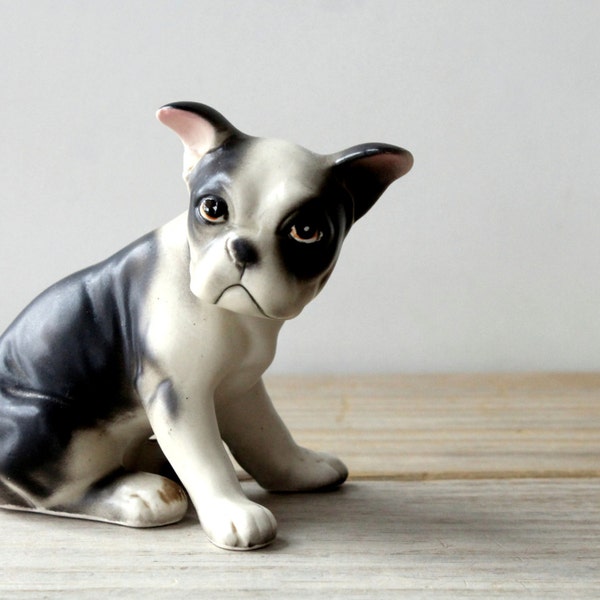 Vintage ceramic Boxer puppy dog figurine / cottage chic dog decor / dog collectible / dog lover gift idea / grumpy black and white puppy dog