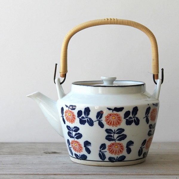 Vintage Japanese tea pot / retro home decor / orange flowers / cobalt blue / mid century modern style / retro style / white / retro kitchen