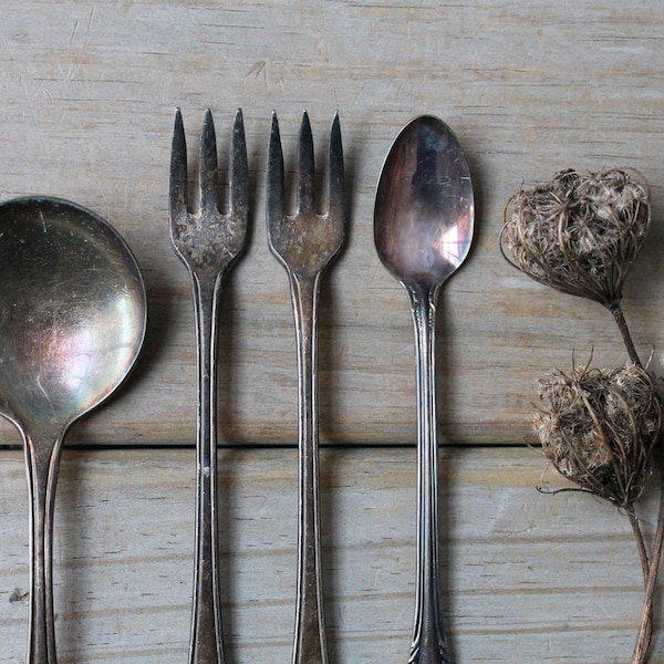 Vintage silverplate spoon fork set / rustic home decor / collectible decor / silver with patina / set of four / Victorian style table decor