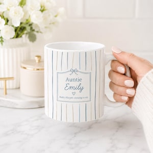 Custom Name Coffee Cup Personalized Striped Mug Coastal Blue Stripe Ceramic Mug Classic Ribbon Bow Frame Aesthetic Gift for Her Holiday
