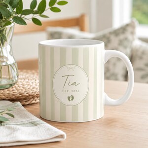 Custom Name Mug Personalized Striped Coffee Cup Cute Bow Round Frame Ceramic Mug Aesthetic New Baby Feet Reveal Mothers Day Gift for Grandma
