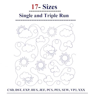 Puede incluir: Fondo blanco con un diseño de líneas punteadas azules de soles, nubes y líneas punteadas. El texto en la parte superior dice "17- Tamaños" y "Single and Triple Run". La parte inferior de la imagen enumera los formatos de archivo.