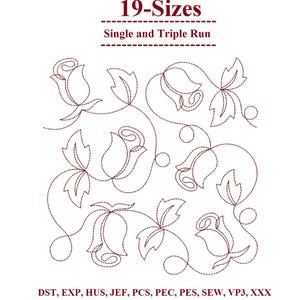 May include: A digital embroidery design featuring a floral pattern of roses and leaves in a continuous line. The text "19-Sizes" and "Single and Triple Run" is at the top. The design includes file formats: DST, EXP, HUS, JEF, PCS, PEC, PES, SEW, VP3, XXX.