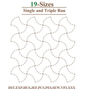 May include: A white background with a repeating pattern of brown, curved shapes outlined with dashed lines. The text "19-Sizes" in green and "Single and Triple Run" in brown is at the top. File format abbreviations are at the bottom.
