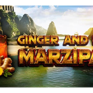Può includere: Immagine promozionale con il testo "Ginger and Rum Marzipan". Presenta una bottiglia di rum, zenzero e uno sfondo panoramico di montagne e acqua. L'immagine ha una calda e invitante tavolozza di colori.