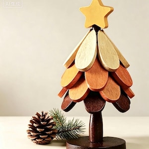 May include: A wooden Christmas tree with a star topper. The tree is made of layered, petal-shaped pieces in shades of brown and beige. A pine cone and sprig of greenery sit beside the tree. The tree is approximately 20 cm tall.
