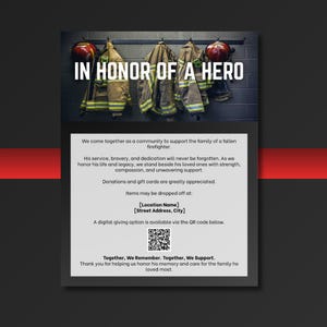 Plantilla de folleto para recaudación de fondos en memoria de un bombero héroe, donación de apoyo comunitario (Canva)