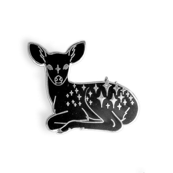 Star Fawn Enamel Lapel Pin in Black and Silver / Black Deer Enamel Pin / Magical Fawn Pin