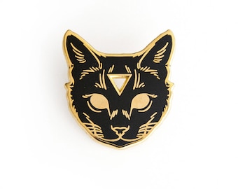 Black Cat Enamel Pin / Black and Gold Magical Cat Pin / Witchy Black Cat Pin / Mystical Third Eye Cat Pin