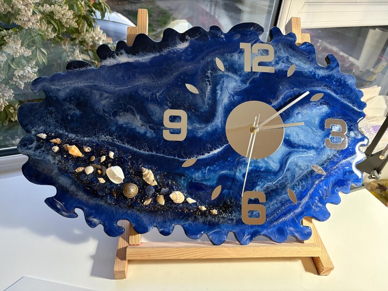Large Epoxy Clock, Ocean Resin Art With Shells, Blue Coastal Decor ...