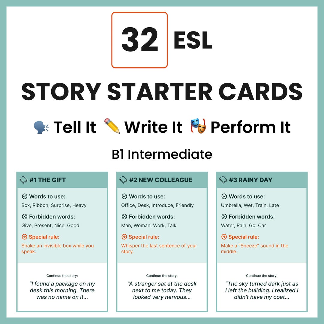 32 ESL Intermediate Story Starter Cards | Speaking Game | Conversation ...