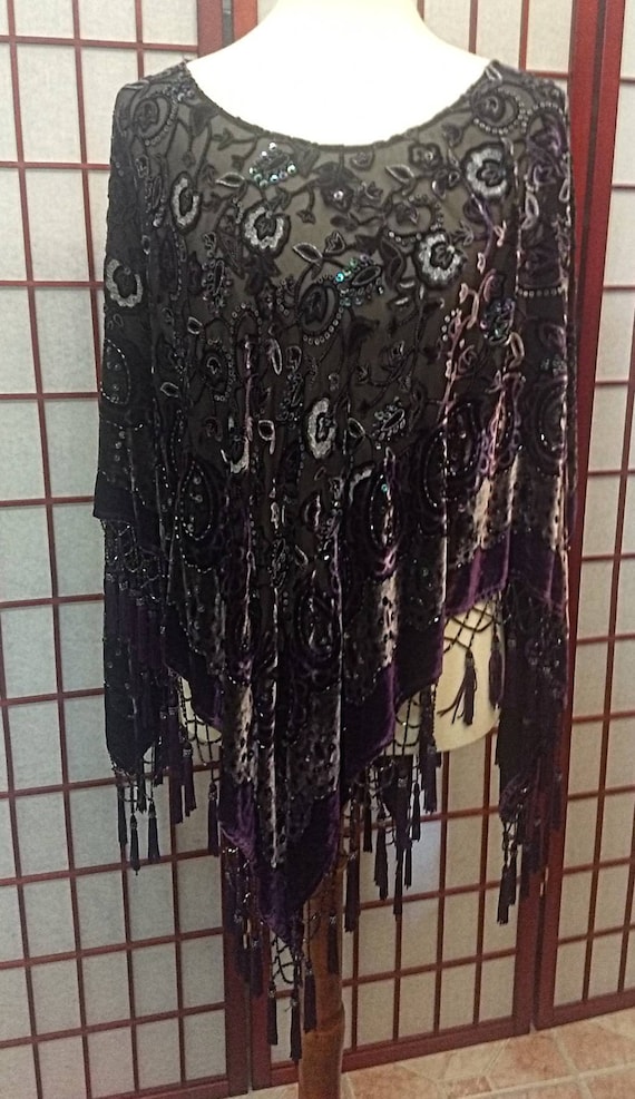 Piano Shawl Velvet Purple Vintage Hand embroidery