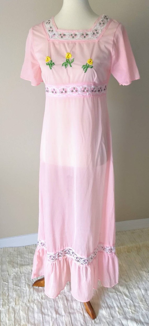 Vintage Long Nightgown Pink Embroidered 