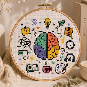 ADHD-hjärnkorsstygnsmönster | Neurodivergent psykisk hälsabroderi | Gåva för ADHD PDF-nedladdning