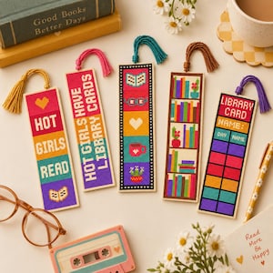 Retro bokälskare korsstygnsbokmärkespaket | Blommor, bibliotekskortsdesigner (PDF-mönster)