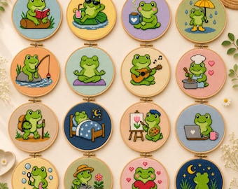 Frog Life Cross Stitch Pattern Bundle – 16 Whimsical Designs (PDF Download)