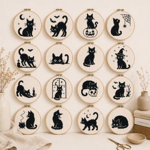 Black Cat Cross Stitch Pattern Bundle | Halloween Gothic Cats Spooky Beginner Embroidery PDF Download