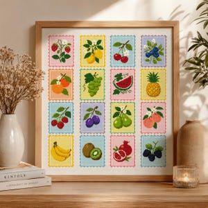Vintage Fruit Stamp Cross Stitch Pattern Bundle | Kitchen Decor Beginner Embroidery PDF Download
