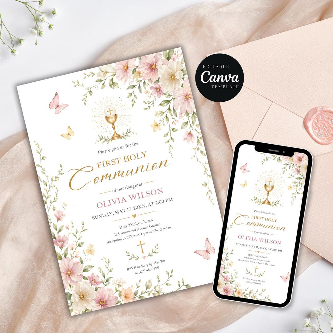 First Holy Communion Invitation Template Girl, Editable Canva Pink ...