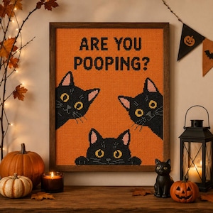 Op de afbeelding: Een ingelijst kruissteek kunstwerk met een oranje achtergrond, drie zwarte katten die tevoorschijn komen en de zwarte tekst ARE YOU POOPING? De katten hebben gele ogen en roze oren, in een donkerbruine houten lijst.