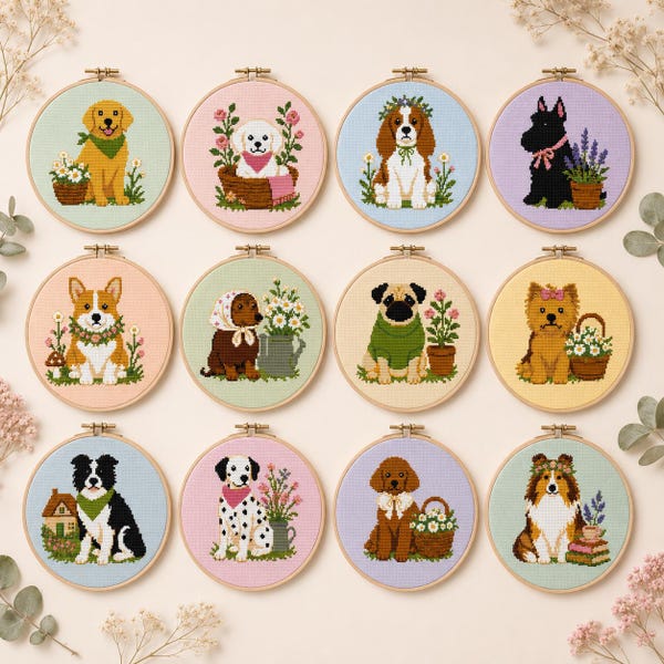 Paquete de patrones de punto de cruz de perros / Diseños de bordado de cachorros estilo cottagecore / Regalo para amantes de los perros (descarga en PDF)
